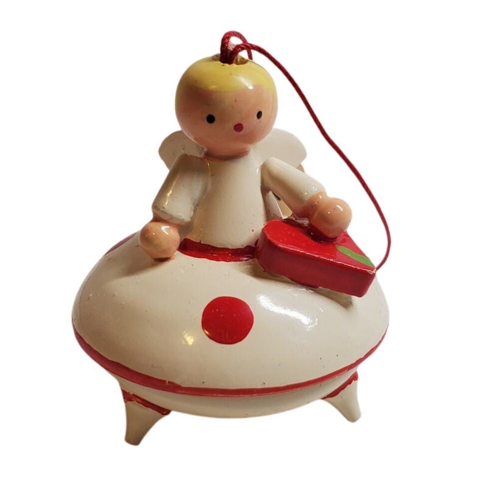 Wooden Ornament - Angel on UFO - Made in East Germany Dregano Vintage